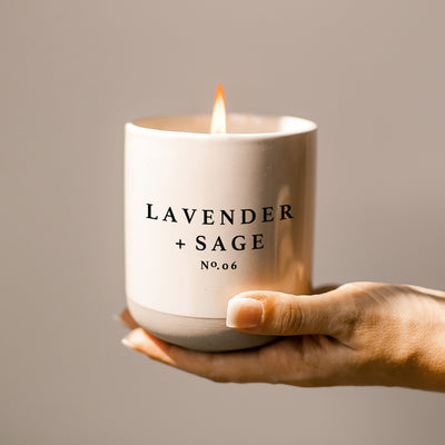 Lavender and Sage Soy Candle - Cream Stoneware Jar - 12 oz