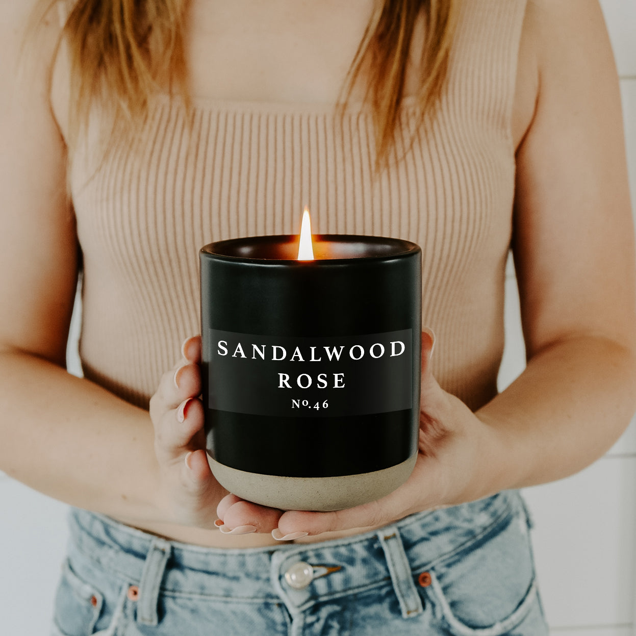 Sandalwood Rose Soy Candle - Black Stoneware Jar - 12 oz